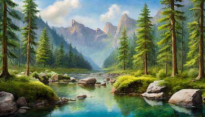 Tall evergreen trees, a clear river, mossy rocks, and distant mountains compose a serene woodland vista.