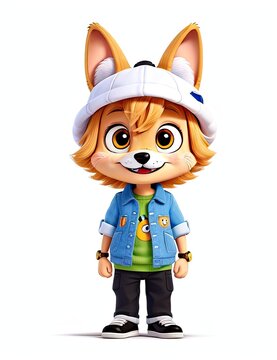 3d rendered illustration of a cute fox cartoon character with hat and jacket
