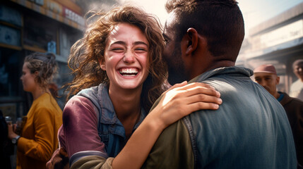 Happy couple hugging and laughing against the background of the street