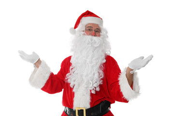 Man in Santa Claus costume posing on white background