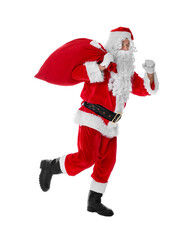 Man in Santa Claus costume with bag running on white background