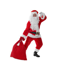 Man in Santa Claus costume with bag posing on white background