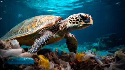 Turtle swiming in the sea, the bottom of the sea is heavily littered