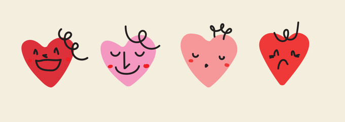 Groovy hippie love emoji sticker set. Heart funny cartoon character different pose. Happy valentine's day concept. Trendy retro Romantic mascot flat vector illustration.