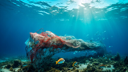 Abandoned fishing nets at the bottom of the sea, environmental problems