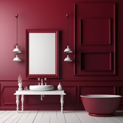 Badezimmer in rot und weiss mit Deko, Lampen und Spiegel