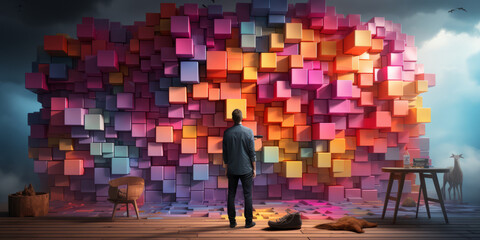 human and cute artificial intelligence putting colorful sticky notes on the wall generative ai - obrazy, fototapety, plakaty