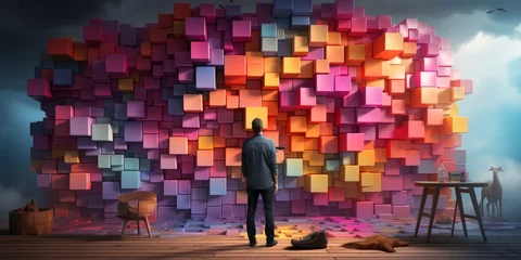 Foto op Plexiglas human and cute artificial intelligence putting colorful sticky notes on the wall generative ai © Suralai