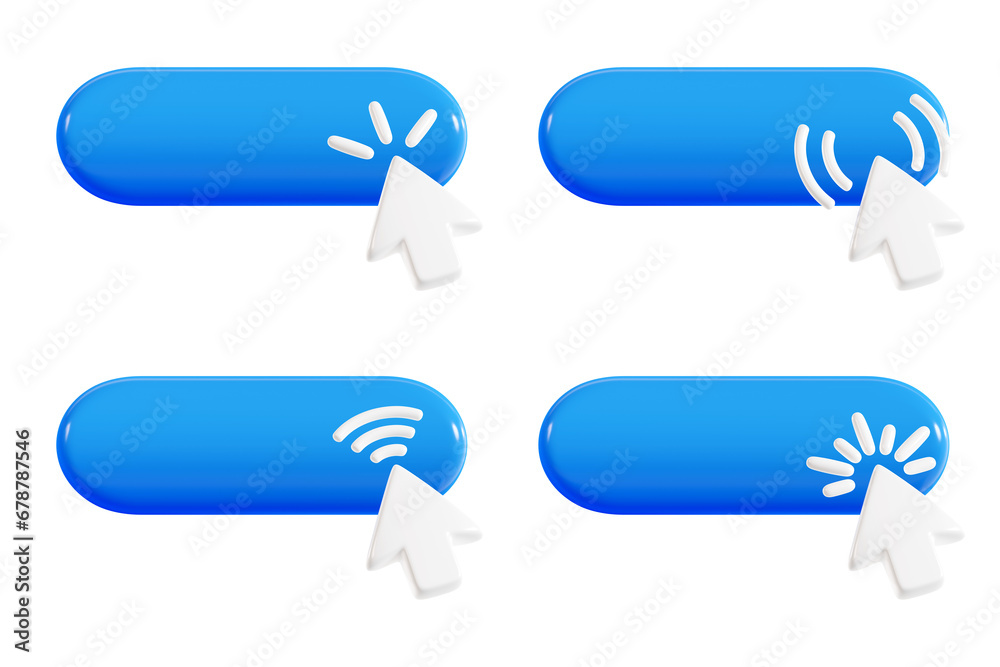 Fototapete Mouse cursor pointer press with action effect on blue button 3d render