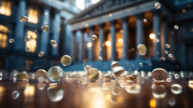 Business And Finance. Abstract Business Background. Buildings And People And Coins In Motion. 