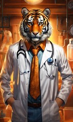 Fototapeta na wymiar Portrait of a tiger in a doctor's office with a stethoscope. 