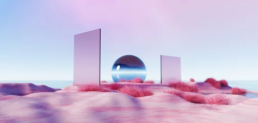 Cercles muraux Violet 3d Render, Abstract Surreal pastel landscape background with arches and podium for showing product, panoramic view, Colorful dune scene with copy space, blue sky and cloudy, Minimalist decor design