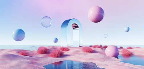 Papier Peint photo Violet 3d Render, Abstract Surreal pastel landscape background with arches and podium for showing product, panoramic view, Colorful dune scene with copy space, blue sky and cloudy, Minimalist decor design