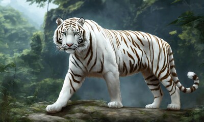 White tiger standing on rock in jungle,3d rendering. Computer digital drawing.
