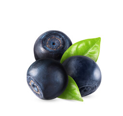 Tasty ripe bilberries and green leaves isolated on white
