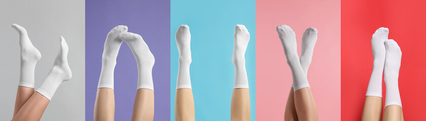 Women in stylish white socks on color backgrounds, collection of photos