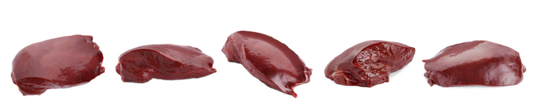 Piece of raw beef liver isolated on white, different sides