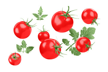 Fresh ripe tomatoes and green leaves flying on white background