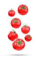 Fresh ripe tomatoes falling on white background