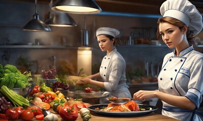 Two female chefs preparing food in the kitchen of a restaurant or hotel
