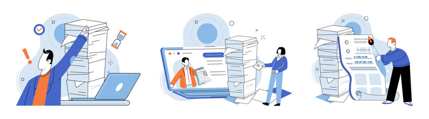 Paperwork. Vector illustration. The individual is always busy with paperwork and other job responsibilities Theres pile papers waiting to be sorted and filed on desk Managing paperwork is essential - obrazy, fototapety, plakaty