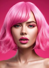 Obraz premium Portrait of a beautiful young woman with pink bob hairstyle. 