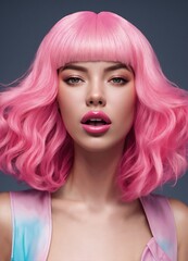 Beautiful girl with pink hair. Beauty, fashion. Cosmetics and make-up.
