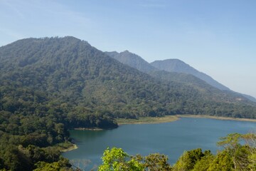 Aerial view of a beautiful lake near the mountains