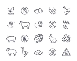 Fotobehang Food labels line icons set. Cow, pig and goose. Natural and organic products. Go vegan. Farming and agriculture. Design elements for app. Linear flat vector collection isolated on white background © Rudzhan