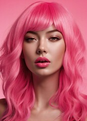 Naklejka premium Beautiful young woman with pink hair. Beauty, fashion. Cosmetics. 