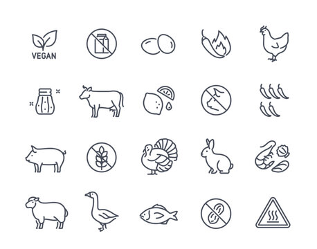 Food labels line icons set. Cow, pig and goose. Natural and organic products. Go vegan. Farming and agriculture. Design elements for app. Linear flat vector collection isolated on white background