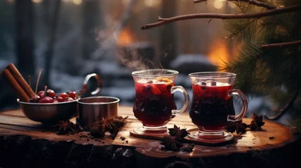 Fotobehang two glass mugs with a hot drink of red mulled wine stand on a wooden cottage table against the backdrop of an autumn forest, Cabincore Aesthetics © OlgaChan