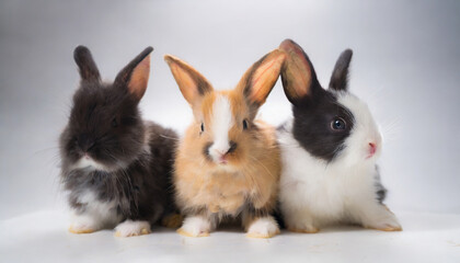 three colored new born rabbit standing and looking at the top studio shot isolated on white background