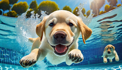 underwater funny photo of golden labrador retriever puppy in swimming pool play with fun jumping...