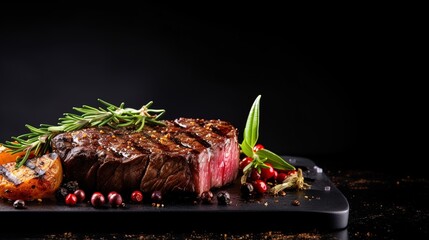 Grilled beef steak on a black background, ai generative - obrazy, fototapety, plakaty
