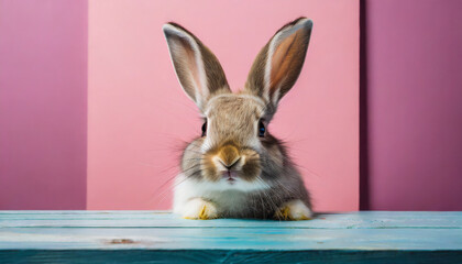 photo of a curious rabbit peering over a table against a vibrant pink backdrop