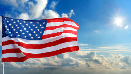 usa flag on a background of blue sky national holidays concept - obrazy, fototapety, plakaty