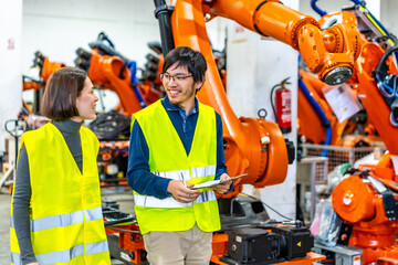Distracted engineers walking next to a robotic arms assembly line