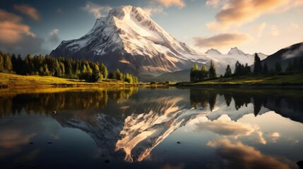 The mountain is reflected in the water - obrazy, fototapety, plakaty