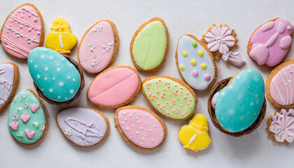 happy easter multicolored pastel easter cookies on a white background