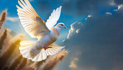 winged dove with copy space a representation of the new testament holy spirit - obrazy, fototapety, plakaty