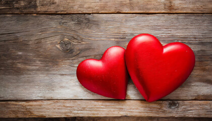 valentines day background with two red hearts on wooden background