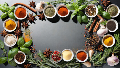 frame border png food design element spices and herbs with real shadow on background variety of spices and mediterranean herbs - obrazy, fototapety, plakaty