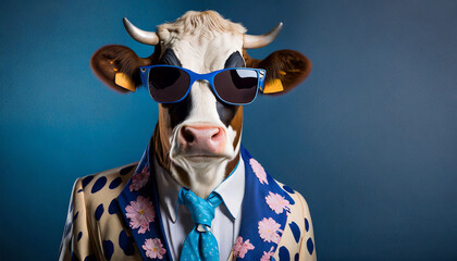 a portrait of a funky cow wearing sunglasses funky jacket and a blue tie on a seamless dark blue background copy space for text generative ai technology - obrazy, fototapety, plakaty
