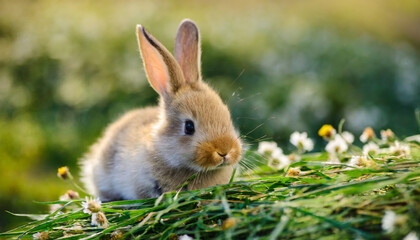 Fototapeta premium little rabbit on green grass