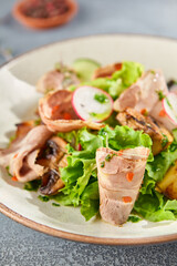 Macro vertical shot capturing intricate details of a baked meat salad with crisp vegetables. The ceramic plate contrasts a minimalist gray concrete background