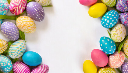 easter banner with colorful easter egg double side border over a white background top view with copy space