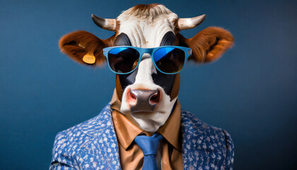 a portrait of a funky cow wearing sunglasses funky jacket and a blue tie on a seamless dark blue background copy space for text generative ai technology