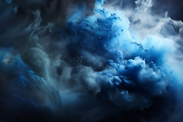 abstract background with blue smoke and splashes of powder. explosion of blue powder