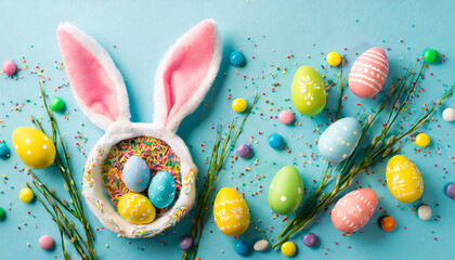 easter concept top view photo of easter bunny ears colorful eggs and sprinkles on isolated light...